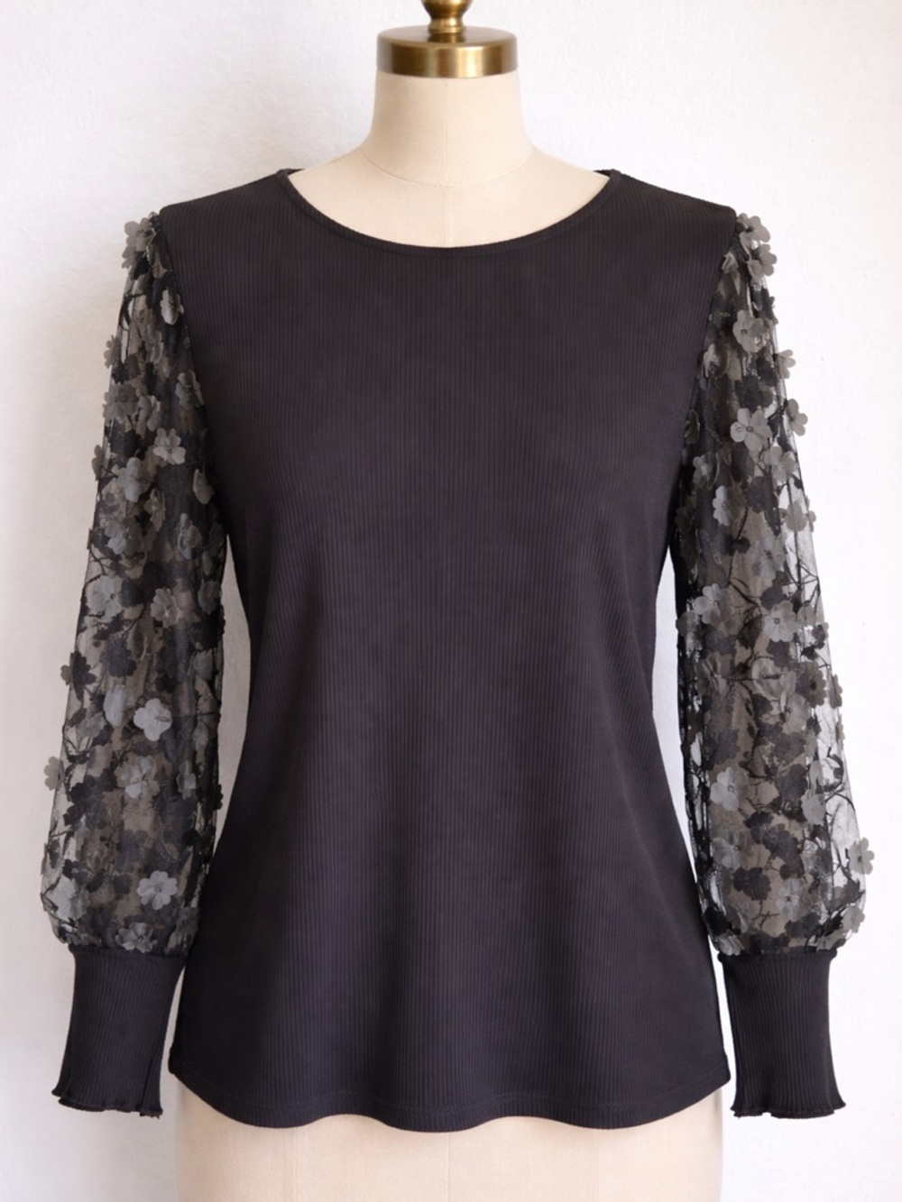Cynthia Rowley Black Ribbed Knit Crewneck Top